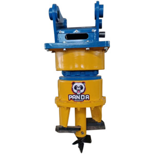 Yellow and blue excavator auger attachment with a spiral drill bit, designed for versatile drilling tasks in construction and landscaping