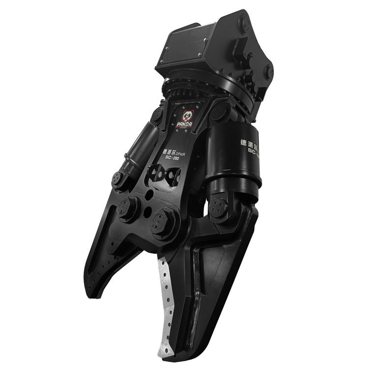 rotating hydraulic shear attachment isolated on gray background