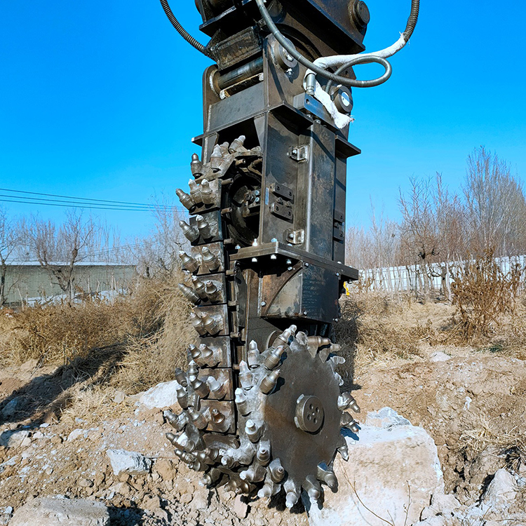 excavator chain cutter attachment close-up for rock trenching