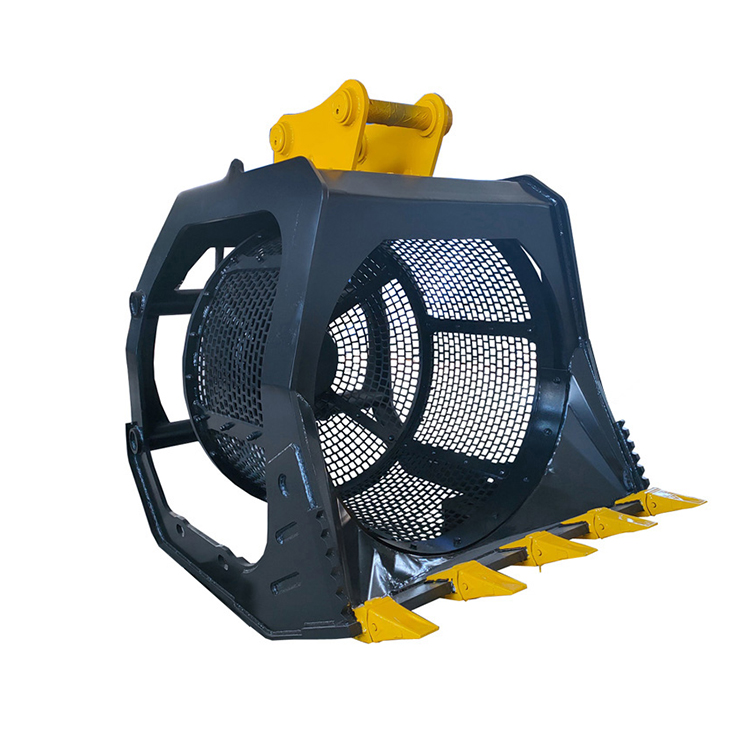 Trommel bucket screening soil with an excavator attachment