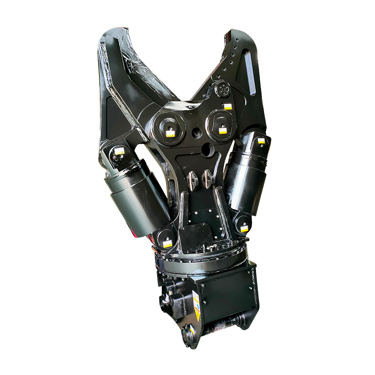 front view hydraulic shear attachment for excavator isolated on gray background