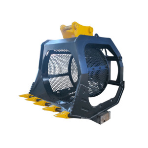 Trommel bucket sorting soil and rocks on a jobsite