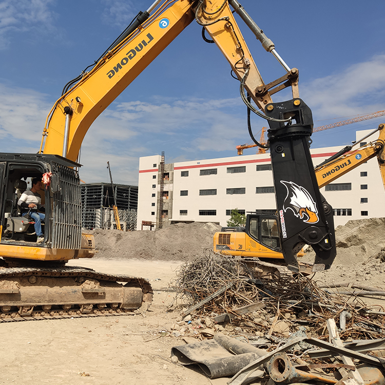 metal shear attachment working near rebar and construction scrap
