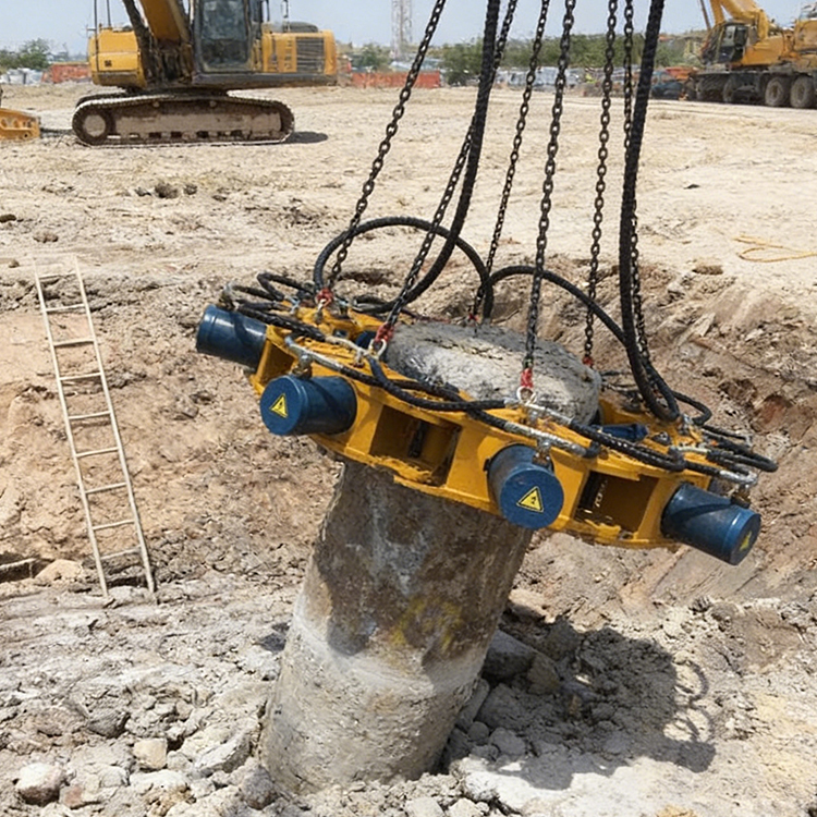 pile cropper lifting separated concrete pile head from foundation pile
