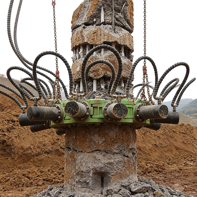 pile crusher breaking reinforced concrete pile head on construction site