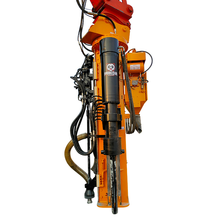 front view of excavator-mounted hydraulic rock drill and splitter attachment