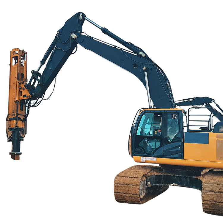 Excavator pile driver attachment mounted on tracked excavator