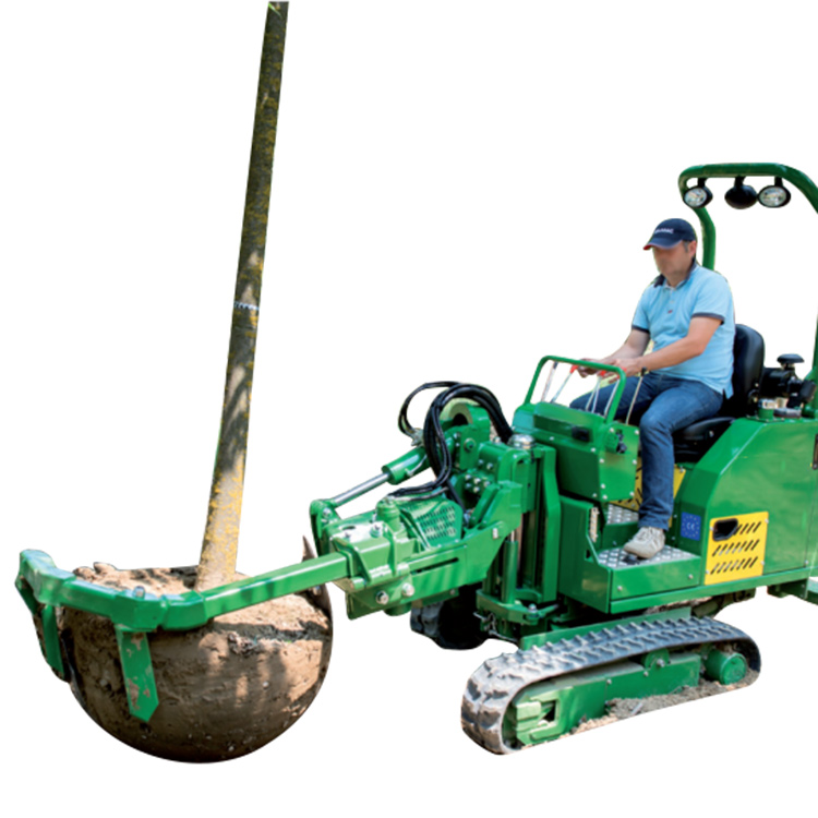 tree transplanter lifting a root ball during field transplanting