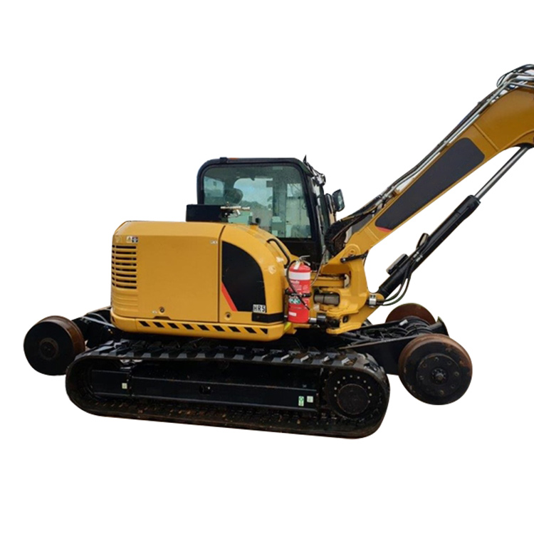 Hi-rail excavator side view with rail guide wheels