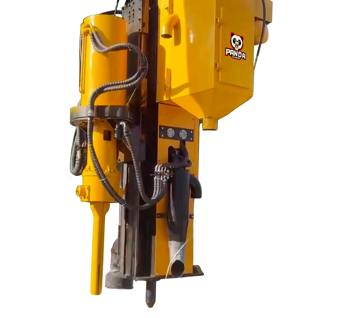 side detail of hydraulic rock drill and splitter attachment for excavator