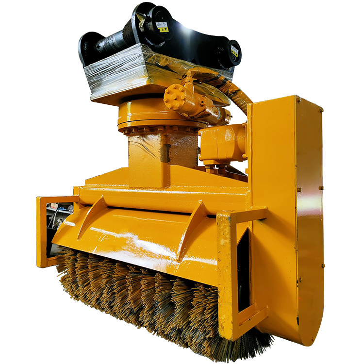 Excavator broom attachment angled view for road and yard cleaning