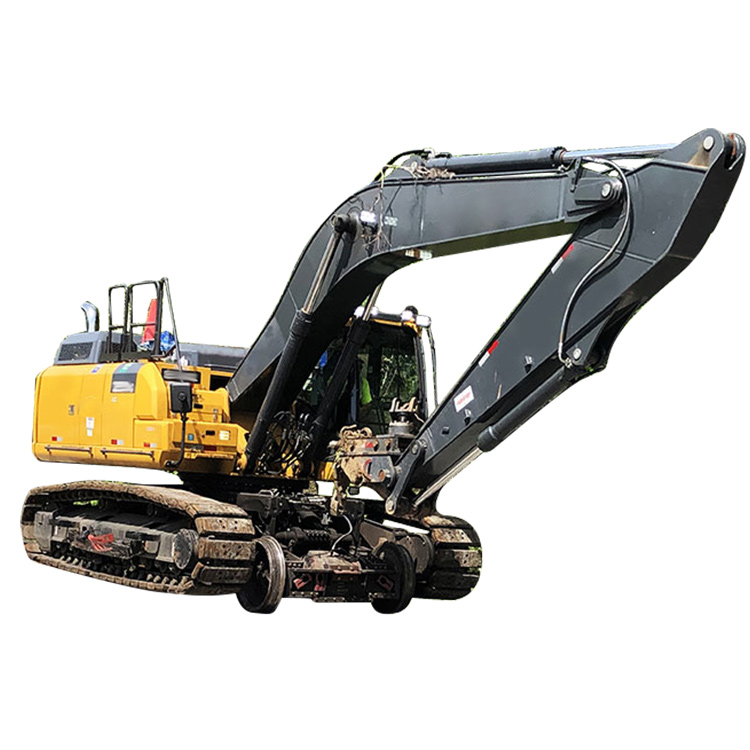 Tracked rail excavator with extended boom and rail wheels