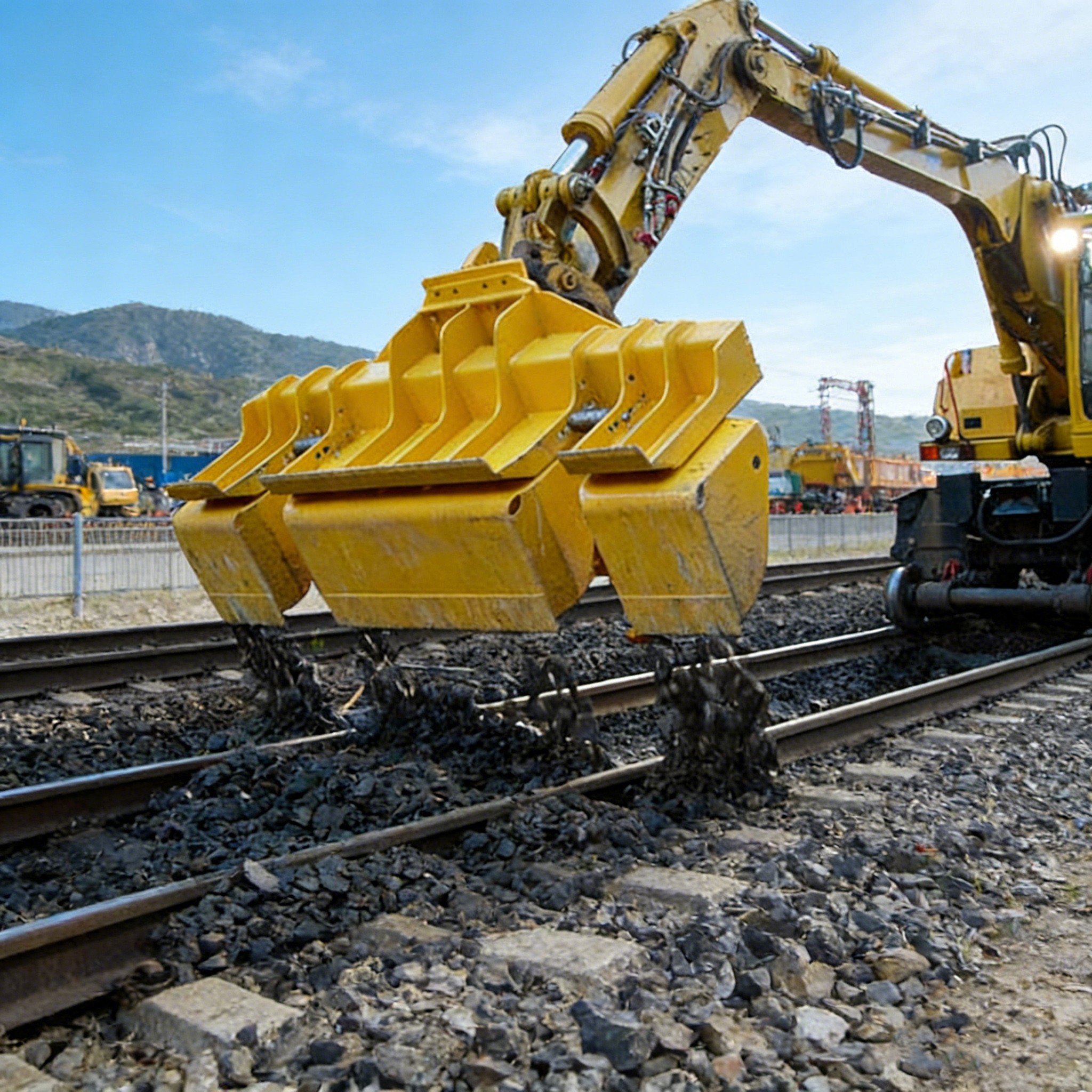 railway maintenance attachment working over ballast on a rail line