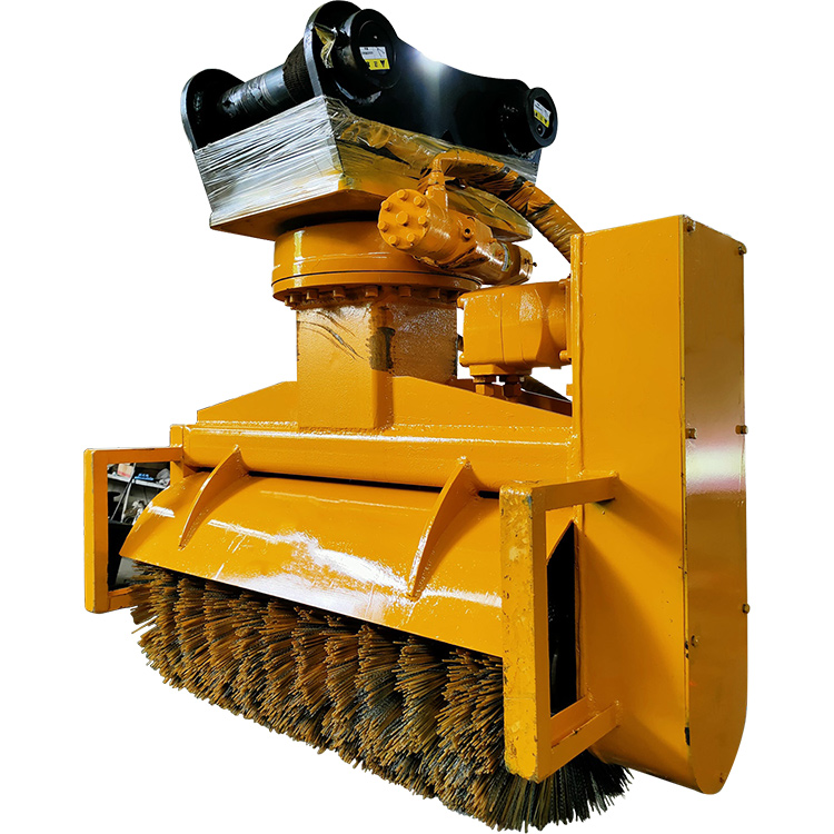 Excavator road sweeper attachment side angle with rotary broom