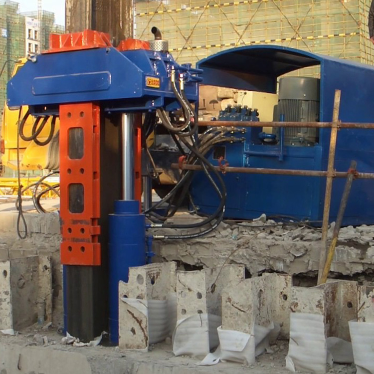 Sheet pile puller installed on construction site for pile extraction