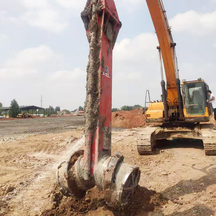 excavator-mounted soil mixing head working in sandy soil