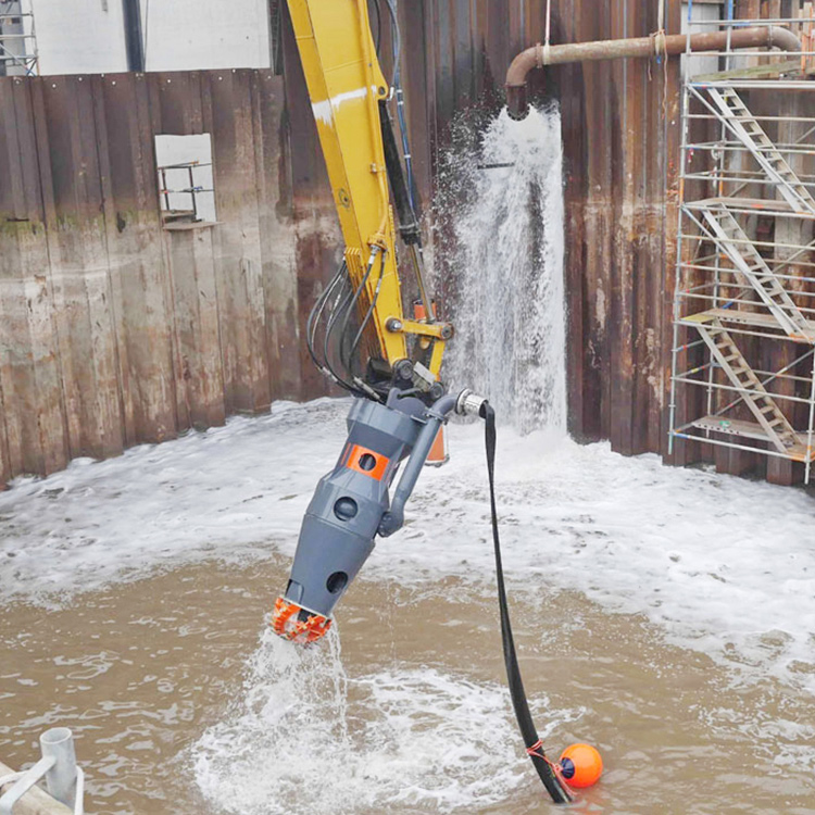 Hydraulic Excavator Submersible Pump working in cofferdam dewatering area