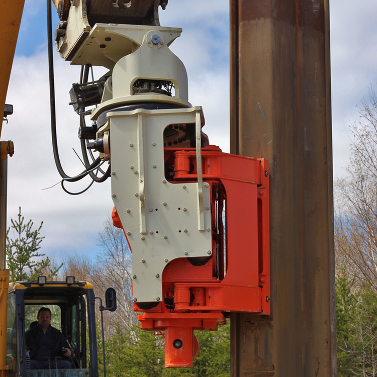side grip pile driver clamping steel pile on construction site