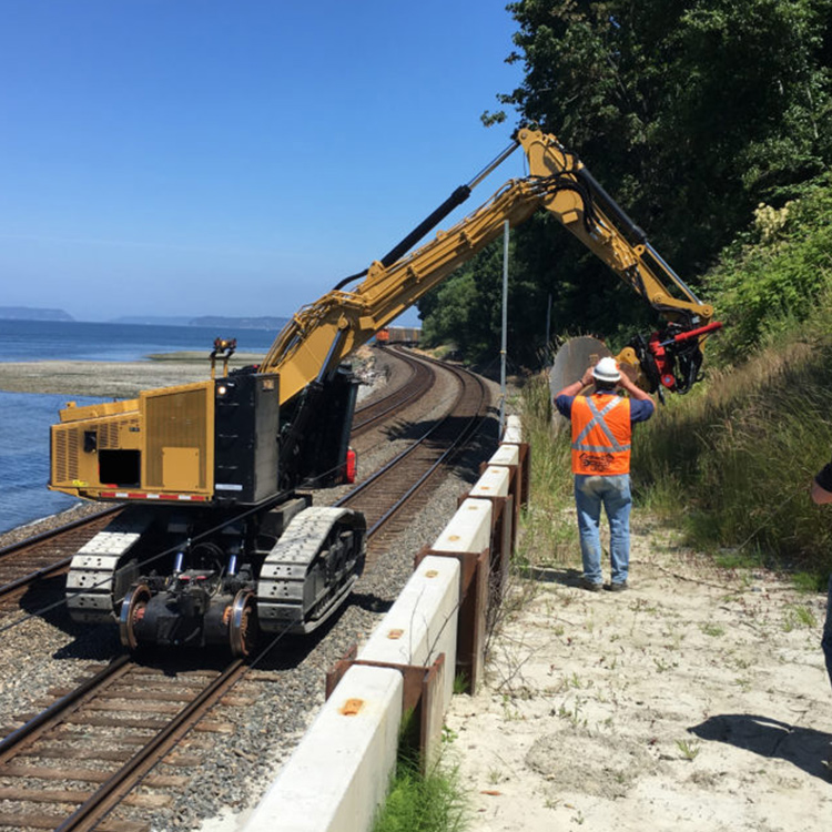 Tracked hi-rail excavator working near coastal railway line