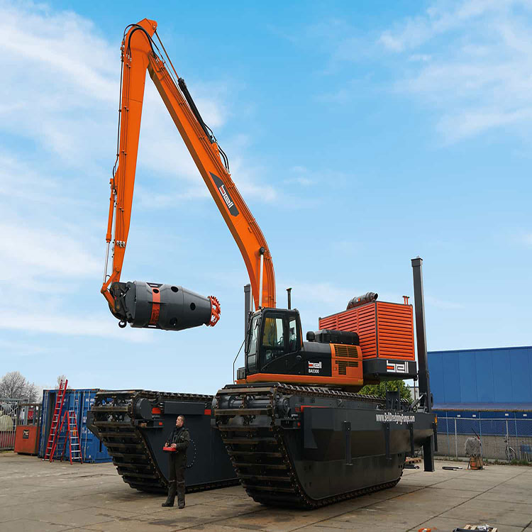 Hydraulic Cable-Deployed Pump mounted on amphibious excavator in equipment yard
