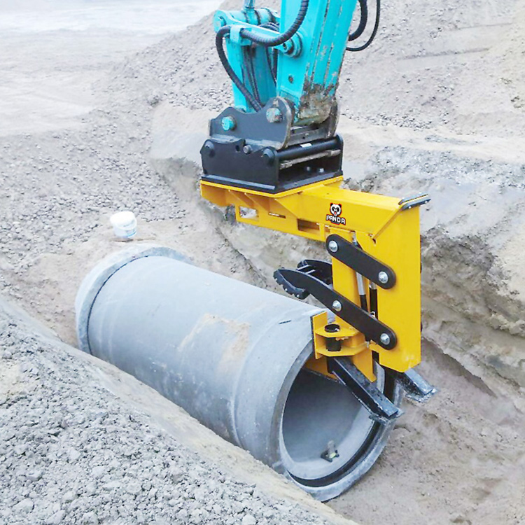 Excavator Mechanical Pipe Lifter handling a concrete pipe during installation