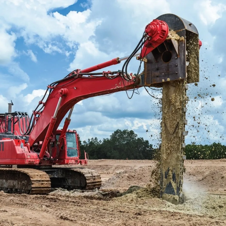 Soil Stabilization Attachment mixing wet ground on construction site