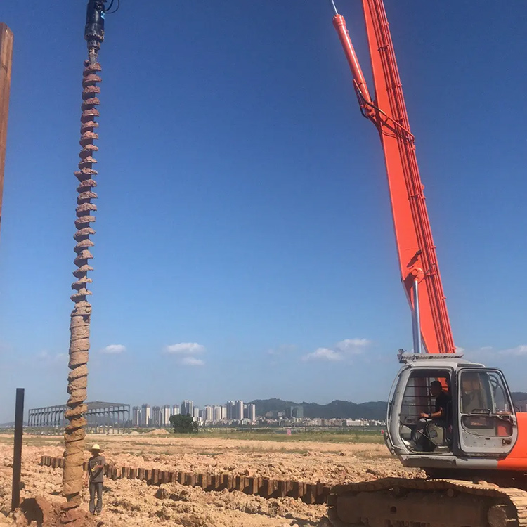 long spiral drilling rig working on open foundation pile construction site