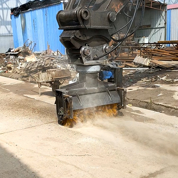 Excavator street sweeper cleaning paved surface and loose dust