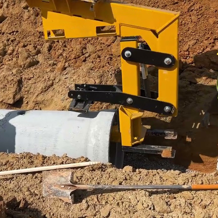 Pipe Gripper positioning a concrete pipe in a trench with an excavator