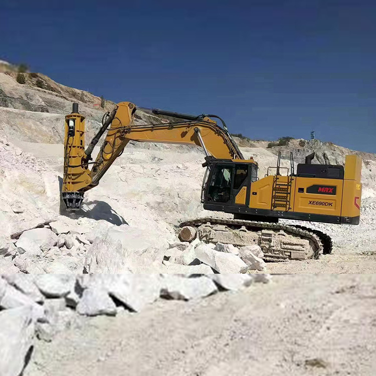 Hydraulic impact hammer mounted on excavator in quarry environment