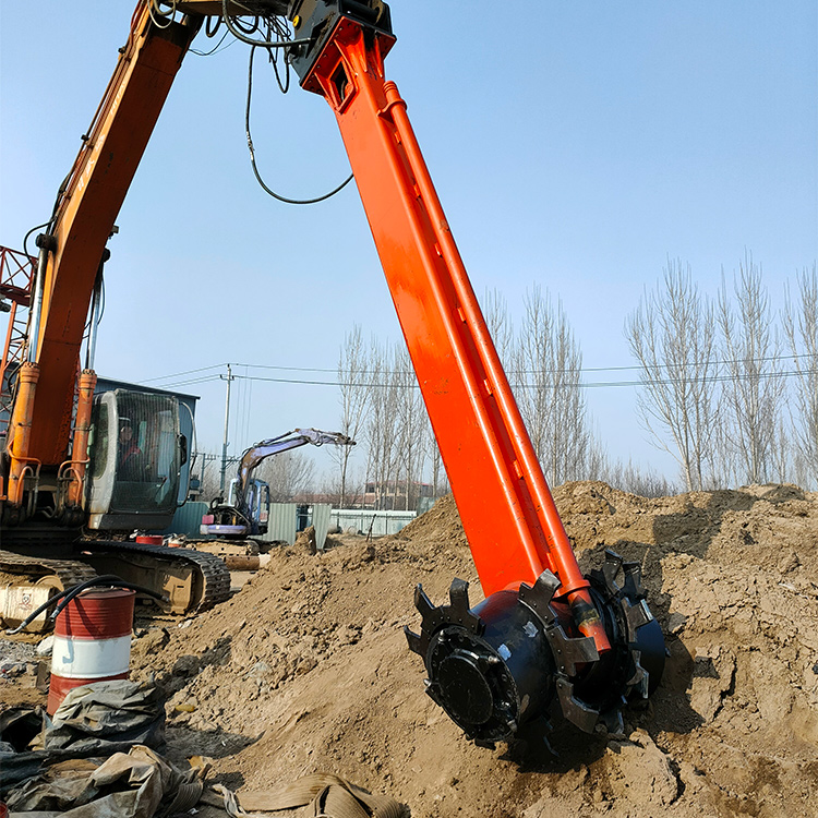 excavator-mounted power mixer positioned on dry soil