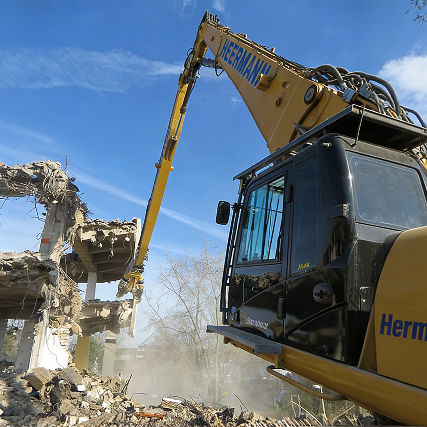 hydraulic concrete pulverizer high-reach demolition excavator working