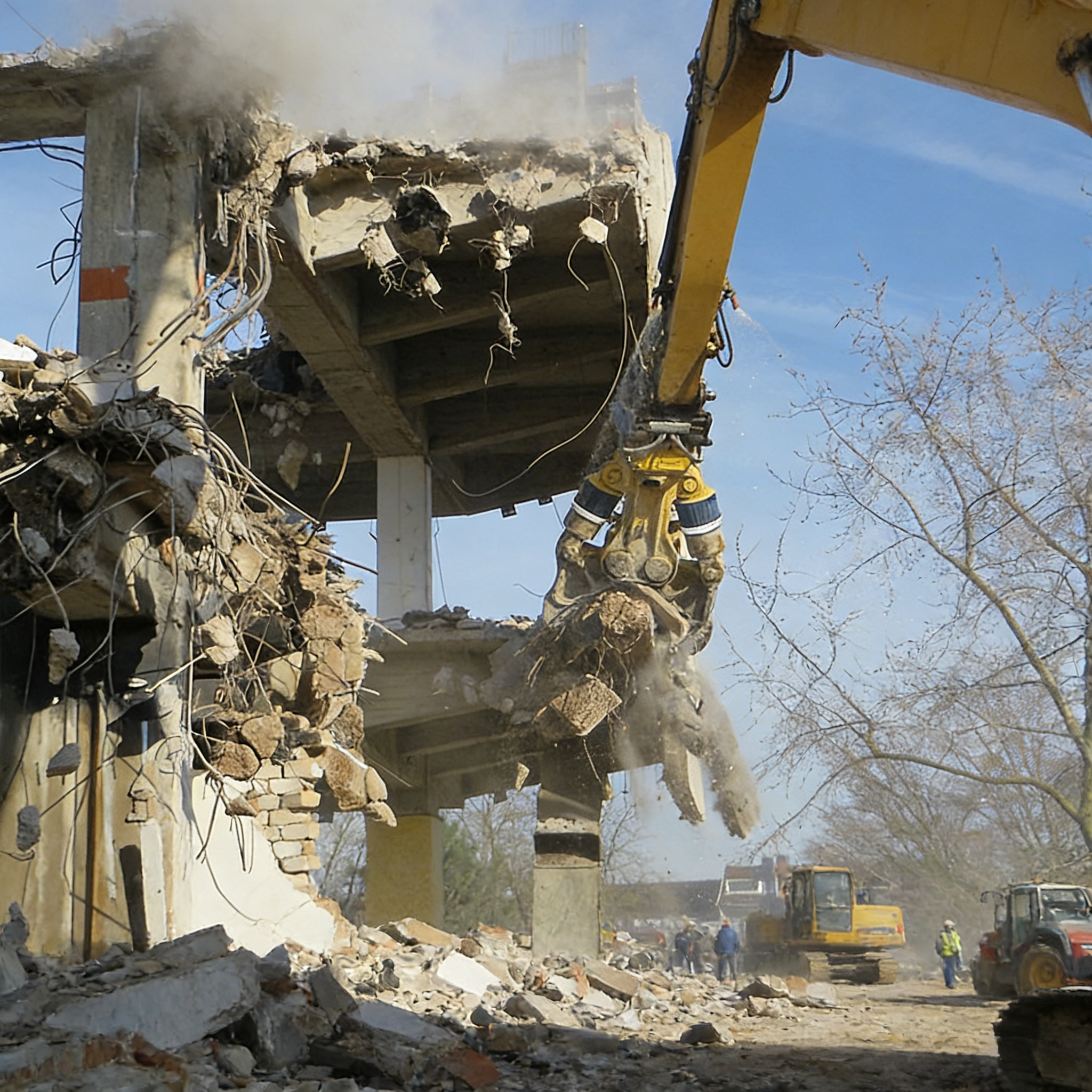excavator pulverizer crushing concrete demolition site close up