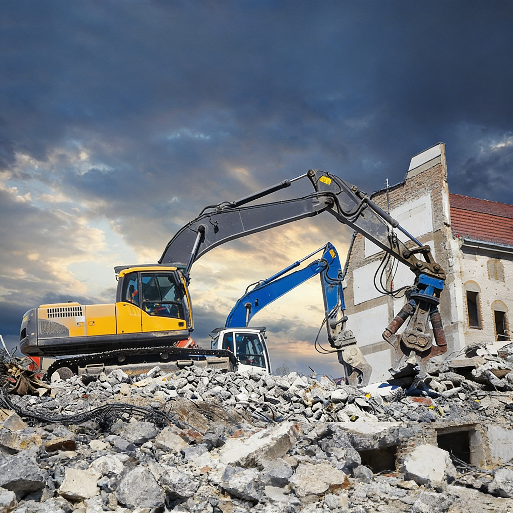 rotating pulverizer working demolition jobsite excavator concrete debris