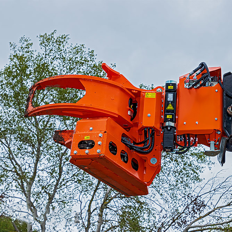 Hydraulic saw head close-up mounted on a boom for tree cutting