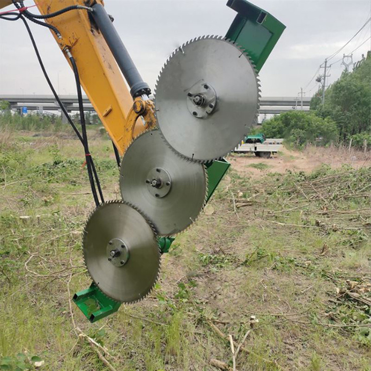 Circular Saw Tree Cutter mounted on excavator arm in field
