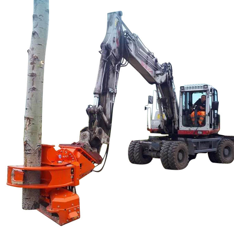 Excavator grapple saw gripping a standing tree trunk on clean background