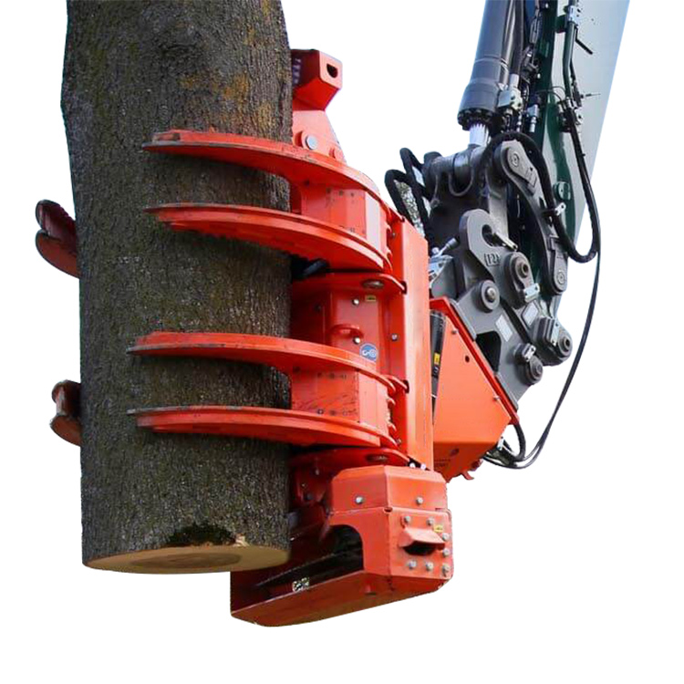 Tree cutting head holding a cut log section on clean background