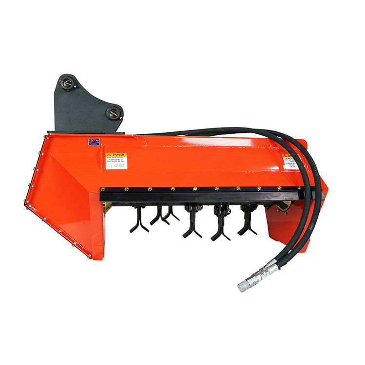 Excavator flail mower side view with hydraulic hoses and horizontal cutting housing