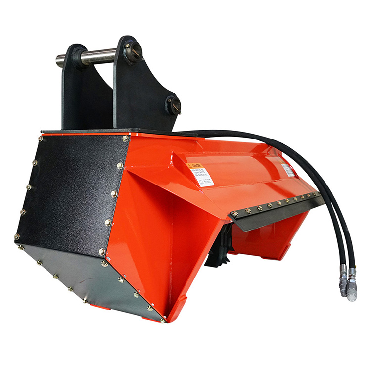 Excavator brush cutter front angle view with hydraulic hoses and protective housing