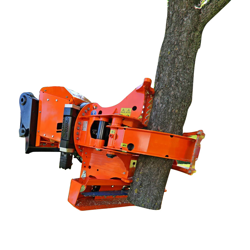 Tree saw with grapple clamping a tree trunk on clean background
