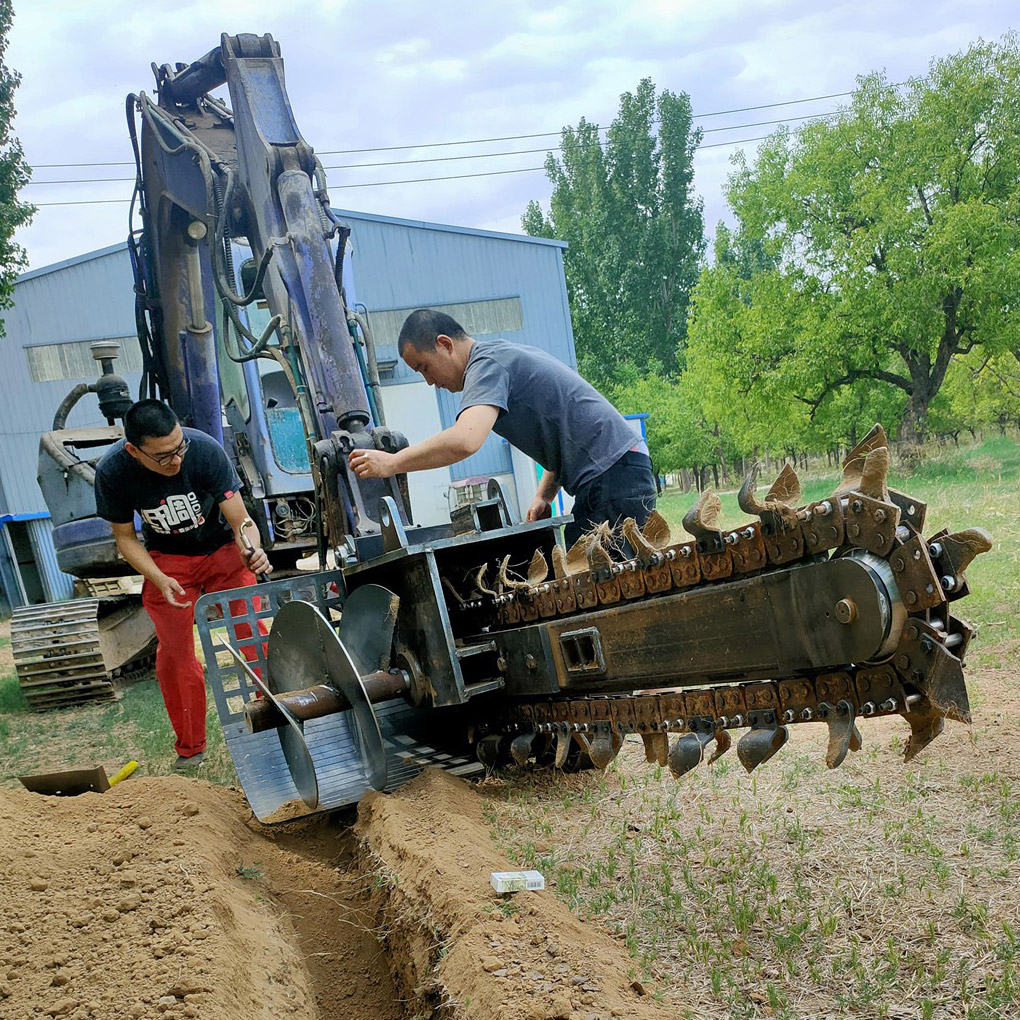 excavator chain trencher attachment installation scene